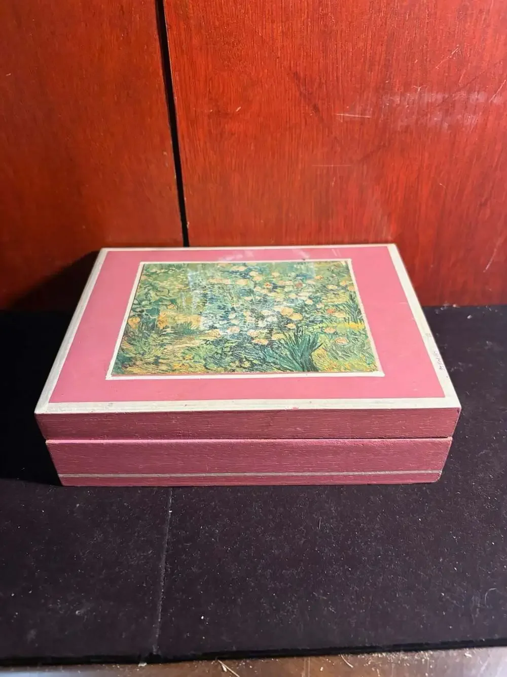 Vintage Handcrafted Wooden Trinket Box and Vincent van Gogh Rose Bushes Print